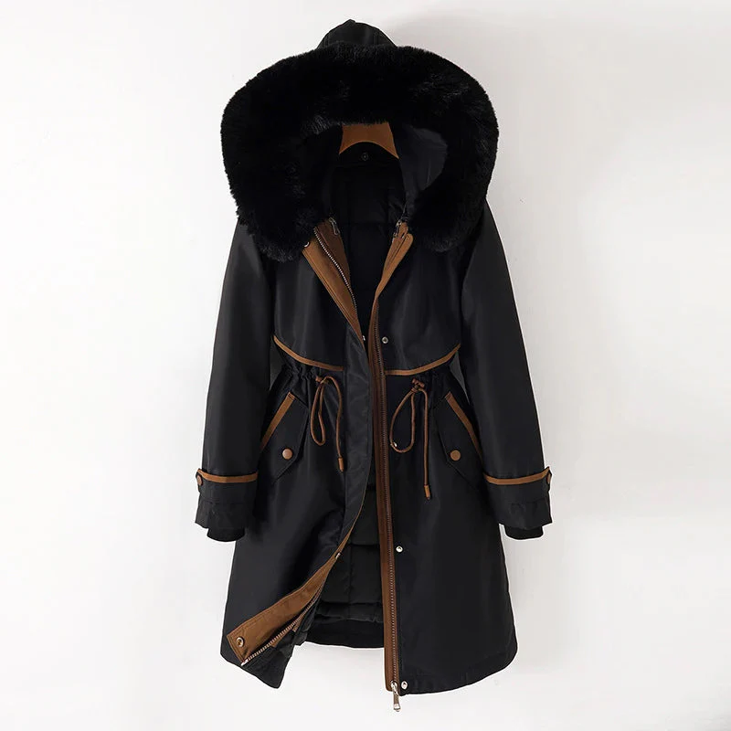 Parka para mujer - Tejido - Corte holgado - Largo hasta la mitad del muslo - Capucha de piel