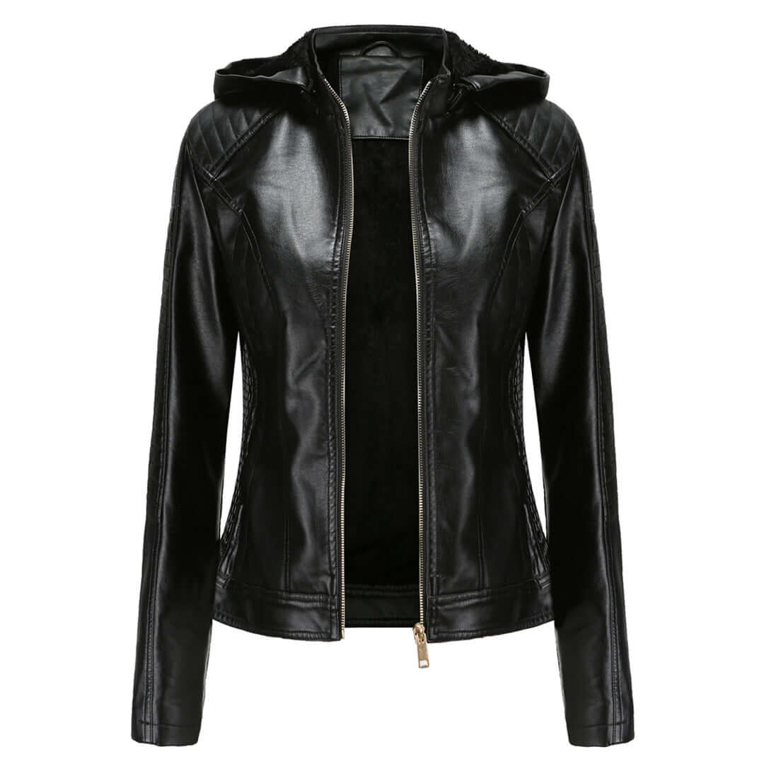 Chaqueta de mujer – Piel sintética – Corte entallado – Capucha desmontable – Forro cálido
