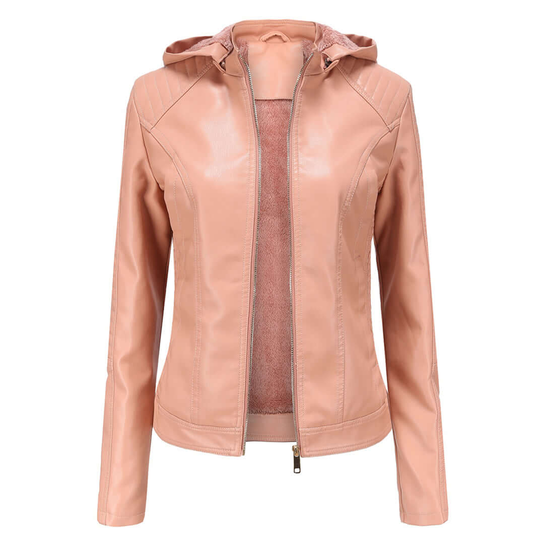 Chaqueta de mujer – Piel sintética – Corte entallado – Capucha desmontable – Forro cálido