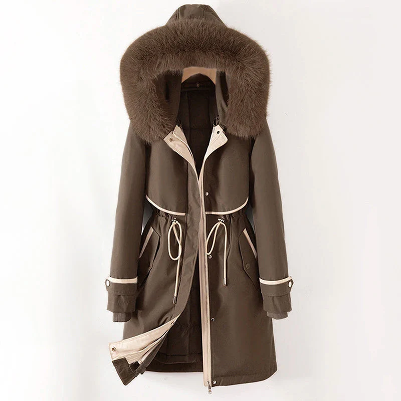Parka para mujer - Tejido - Corte holgado - Largo hasta la mitad del muslo - Capucha de piel