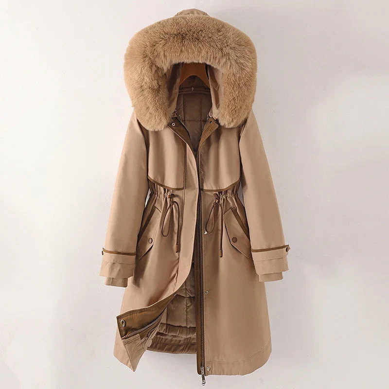 Parka para mujer - Tejido - Corte holgado - Largo hasta la mitad del muslo - Capucha de piel