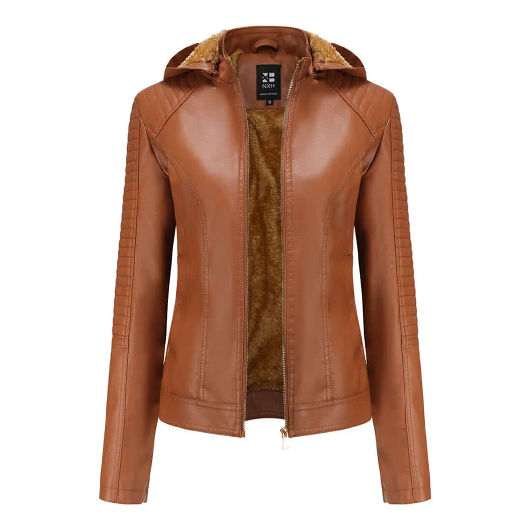 Chaqueta de mujer – Piel sintética – Corte entallado – Capucha desmontable – Forro cálido