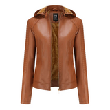 Chaqueta de mujer – Piel sintética – Corte entallado – Capucha desmontable – Forro cálido