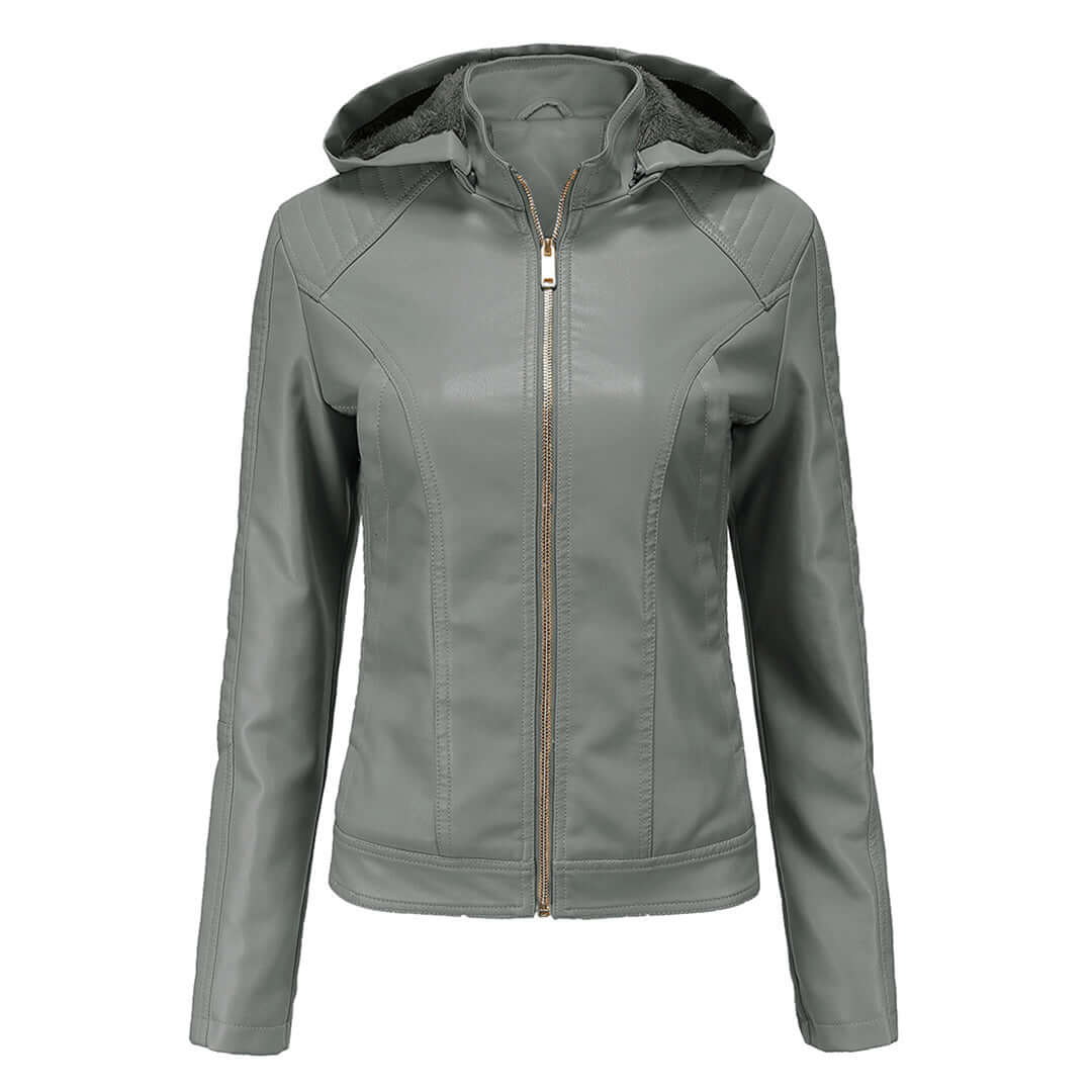 Chaqueta de mujer – Piel sintética – Corte entallado – Capucha desmontable – Forro cálido