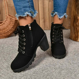 Botines de mujer – Piel sintética estructurada – Cordones – Cierre de cremallera – Tacón bloque