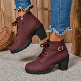 Botines de mujer – Piel sintética estructurada – Cordones – Cierre de cremallera – Tacón bloque