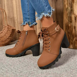 Botines de mujer – Piel sintética estructurada – Cordones – Cierre de cremallera – Tacón bloque