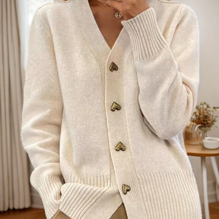 Chaleco de mujer – Tejido de lana – Corte holgado – Cuello en V con botones de corazón