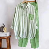 Conjunto de mujer – Lino – Camisa holgada con botones + Pantalón ancho con cintura elástica