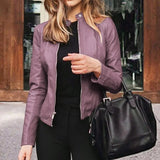 Chaqueta de mujer – Piel sintética – Corte ajustado – Largo corto – Cuello alto con cremallera