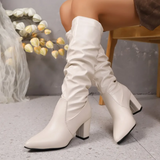Botas hasta la rodilla para mujer – Acabado en piel lisa – Punta puntiaguda – Tacón de bloque estable