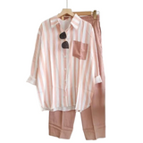 Conjunto de mujer – Lino – Camisa holgada con botones + Pantalón ancho con cintura elástica