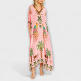 Linda - Impresionante vestido con tirantes asimétricos y estampado de palmeras