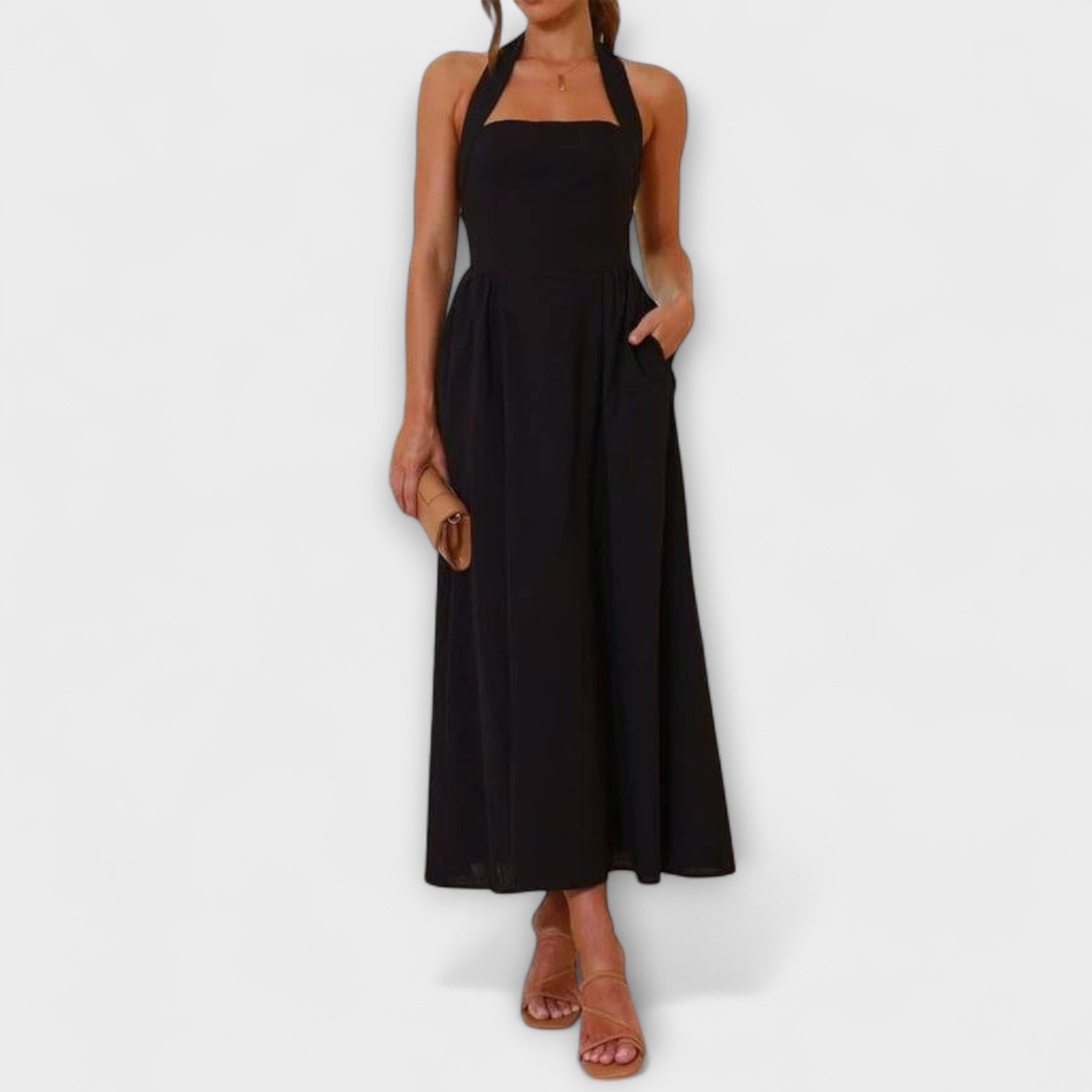 Lydia - Vestido negro halter de longitud media con detalle en la cintura