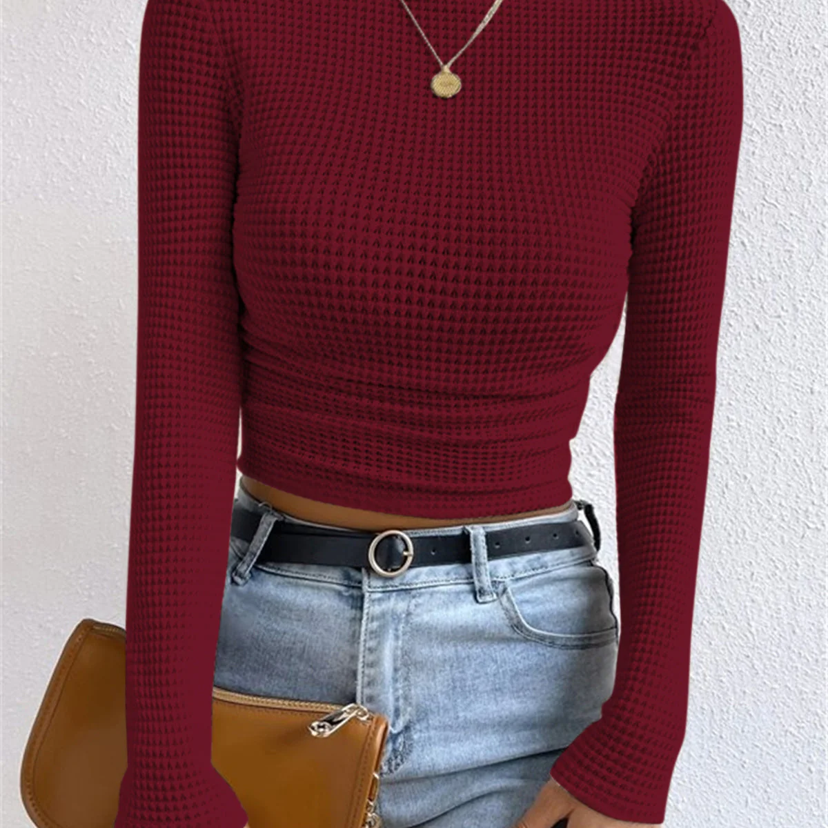 Sudadera de mujer – Corte ajustado – Punto gofre – Corta – Manga larga – Cuello alto