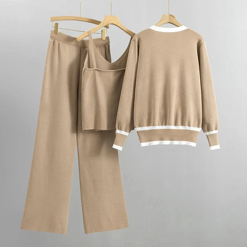 Conjunto de tres piezas para mujer - Tejido de punto - Corte holgado - Cuello en V