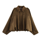 Chaqueta bomber para mujer – Corte oversize – Tejido suave efecto ante – Cuello con muesca