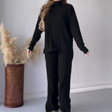 Conjunto de suéter y pantalón ancho para mujer – Punto acanalado – Corte holgado – Cuello redondo, manga larga