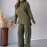 Conjunto de suéter y pantalón ancho para mujer – Punto acanalado – Corte holgado – Cuello redondo, manga larga