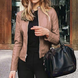 Chaqueta de mujer – Piel sintética – Corte ajustado – Largo corto – Cuello alto con cremallera