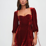 Vestido mini de mujer – Terciopelo de corte entallado – Mangas abullonadas – Escote corazón – Noche