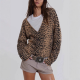 Cárdigan de punto para mujer – Corte holgado – Textura afelpada – Estampado de leopardo