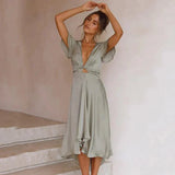 Vestido elegante para mujer - Escote cruzado - Mangas cortas sueltas - Cintura ajustable