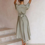 Vestido elegante para mujer - Escote cruzado - Mangas cortas sueltas - Cintura ajustable