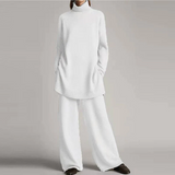 Conjunto de ropa de estar por casa para mujer – Punto suave – Top de cuello alto extragrande – Pantalones de pierna ancha
