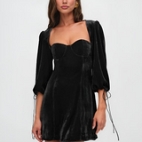 Vestido mini de mujer – Terciopelo de corte entallado – Mangas abullonadas – Escote corazón – Noche