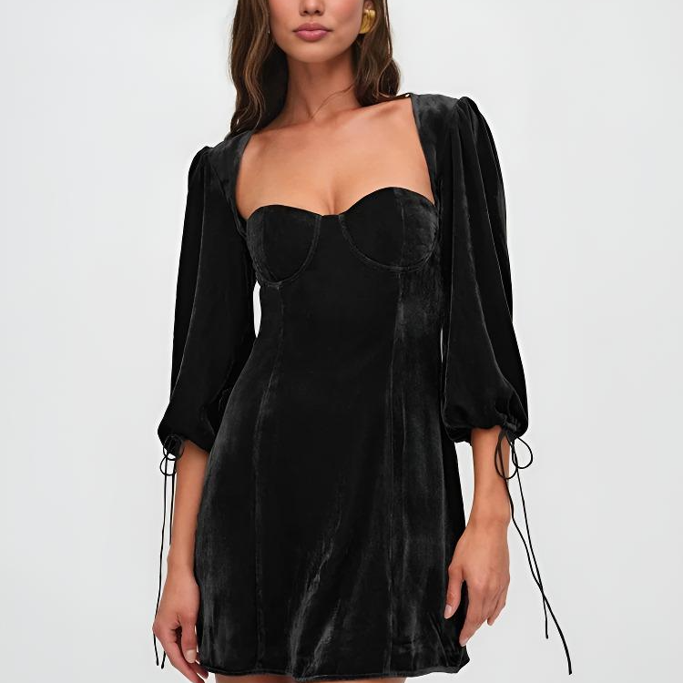 Vestido mini de mujer – Terciopelo de corte entallado – Mangas abullonadas – Escote corazón – Noche