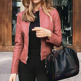 Chaqueta de mujer – Piel sintética – Corte ajustado – Largo corto – Cuello alto con cremallera