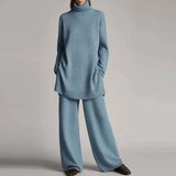 Conjunto de ropa de estar por casa para mujer – Punto suave – Top de cuello alto extragrande – Pantalones de pierna ancha