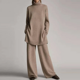Conjunto de ropa de estar por casa para mujer – Punto suave – Top de cuello alto extragrande – Pantalones de pierna ancha