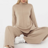 Conjunto de ropa de estar por casa para mujer – Punto suave – Corte holgado – Top de cuello redondo y pantalones de pierna ancha