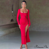 Sensual vestido midi de escote cuadrado, manga larga y fruncidos, abertura y cordón, ideal para salir a discoteca.