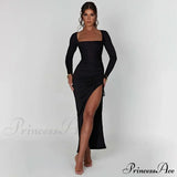 Sensual vestido midi de escote cuadrado, manga larga y fruncidos, abertura y cordón, ideal para salir a discoteca.