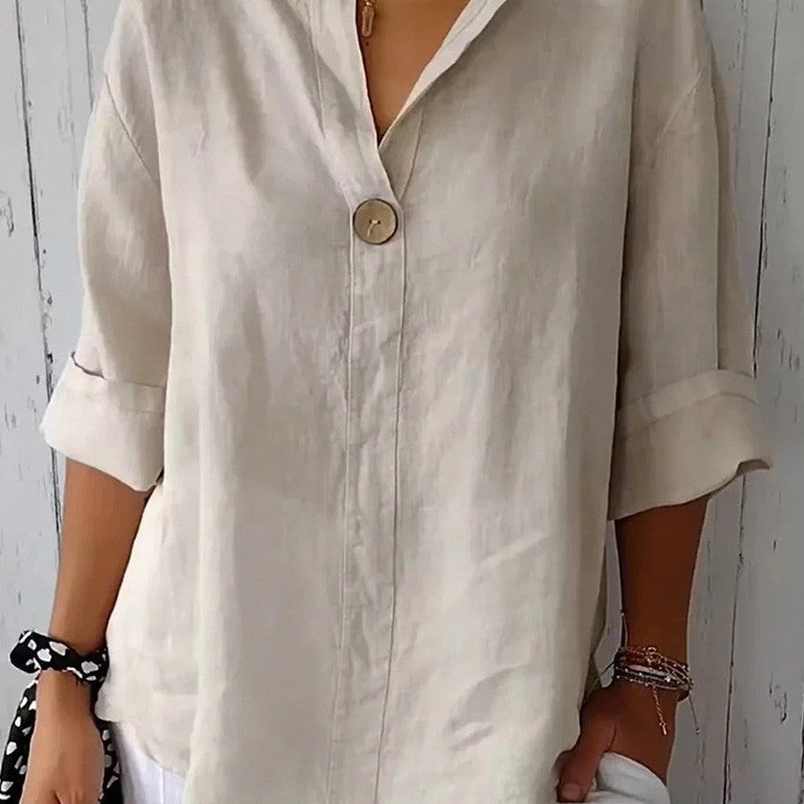 Blusa de mujer – Corte relajado – Fibras naturales – Mangas 3/4 – Cuello en V