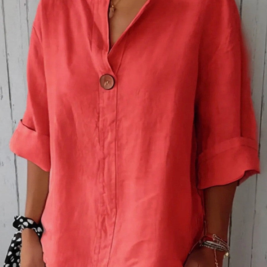 Blusa de mujer – Corte relajado – Fibras naturales – Mangas 3/4 – Cuello en V