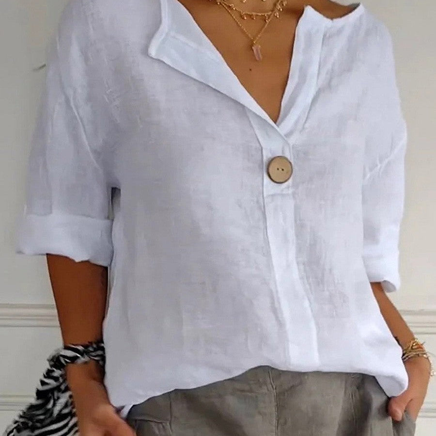 Blusa de mujer – Corte relajado – Fibras naturales – Mangas 3/4 – Cuello en V