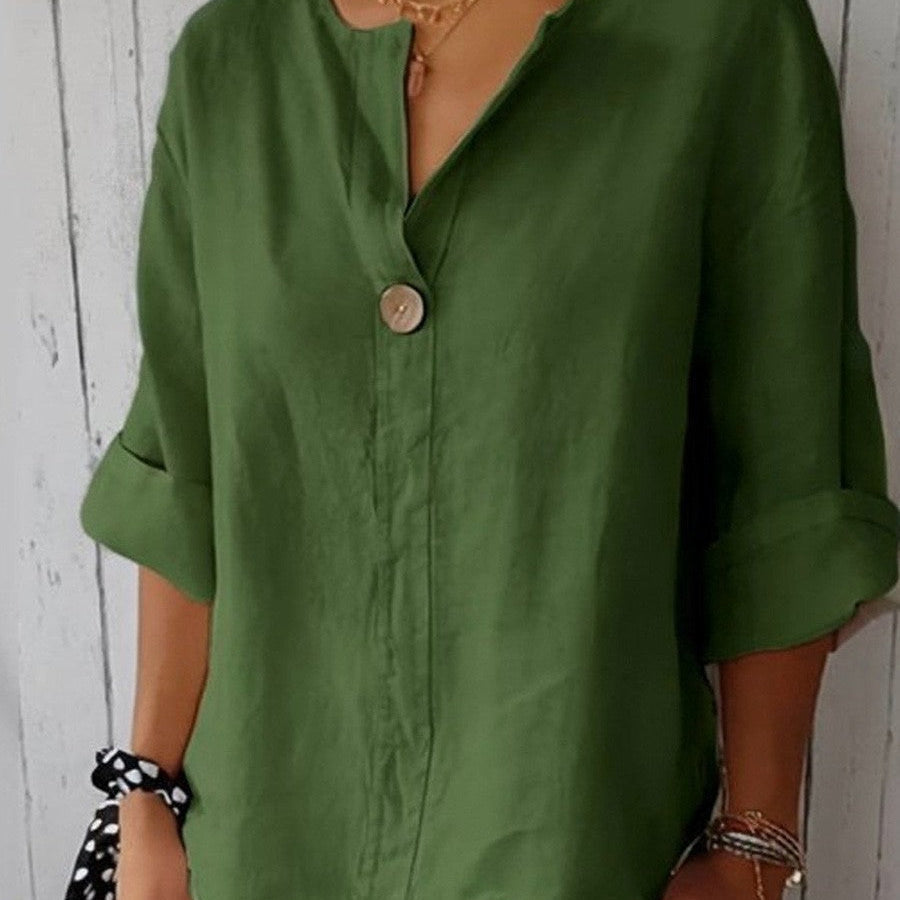 Blusa de mujer – Corte relajado – Fibras naturales – Mangas 3/4 – Cuello en V