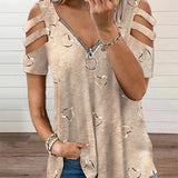 Blusa de mujer – Corte holgado – Cuello en V con cremallera – Mangas con aberturas – Estampado de corazones