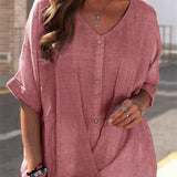 Blusa de mujer – Corte holgado – Mangas cortas – Tejido transpirable – Cuello en V abotonado