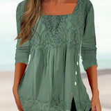 Blusa de mujer – Corte holgado – Tejido transpirable – Escote cuadrado – Mangas largas – Encaje