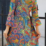 Vestido mini de mujer – Corte evasé – Tejido transpirable – Estampado paisley – Mangas 3/4