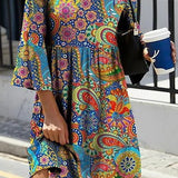 Vestido mini de mujer – Corte evasé – Tejido transpirable – Estampado paisley – Mangas 3/4