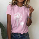Camiseta de mujer - Cuello redondo - Manga corta - Corte holgado - Estampado gráfico de diente de león