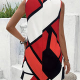 Vestido sin mangas para mujer - Corte acampanado - Elegante escote en V - Estampado geométrico moderno