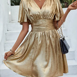Vestido de mujer - Escote en pico - Mangas mariposa - Cintura ajustada - Tejido brillante