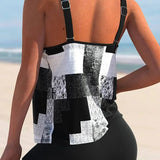 Tankini para mujer – Corte holgado – Estampado geométrico – Tirantes dobles – Tejido transpirable